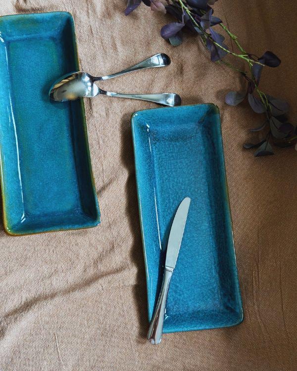 Blue Rectangular Serving Platter | with hints of Green and Turquoise | For Appetizers and Sushi | Ceramic Dinnerware Serveware