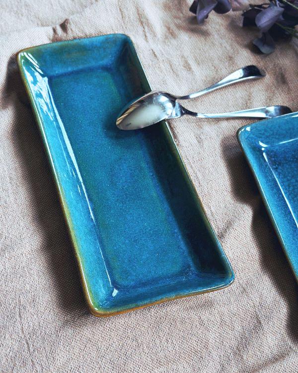 Blue Rectangular Serving Platter | with hints of Green and Turquoise | For Appetizers and Sushi | Ceramic Dinnerware Serveware