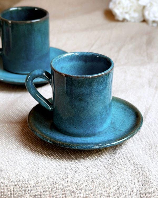 Blue Cup and Saucer Set | For Turkish, Arabic Coffee, or Espresso | Glossy Glazing with Shades of Blue, Black and Hints of Turquoise