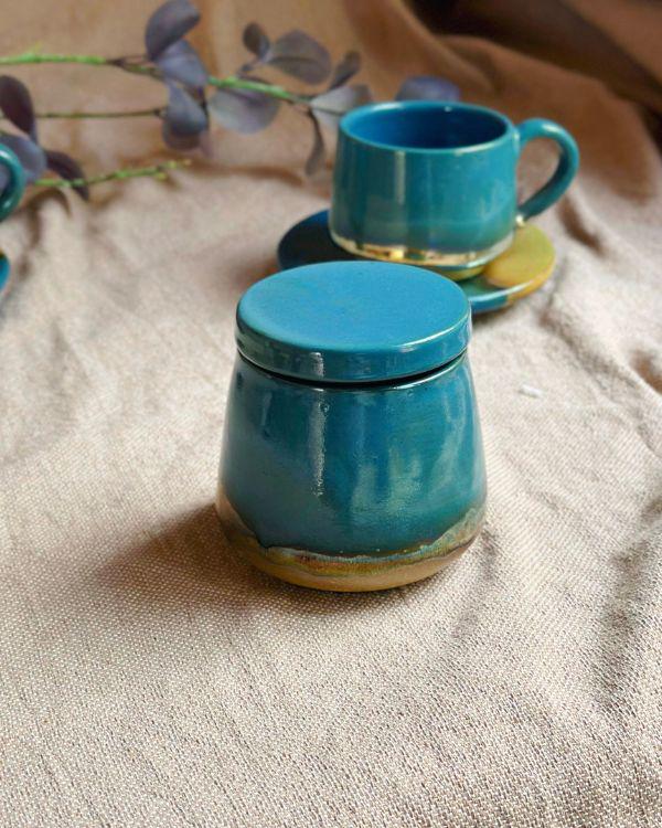 Peacock Blue & Rustic Green Tea Set with Gold Metallic Luster Details and Glazing - Artistic Reduction Firing Cups