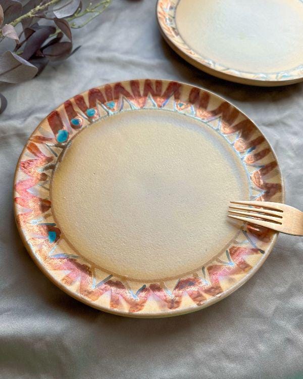 Salad Plate with Metallic Gold and Red | Egyptian/Oriental Motifs | Sets of 2 or More | Yellowish-Beige Glaze | Artisan