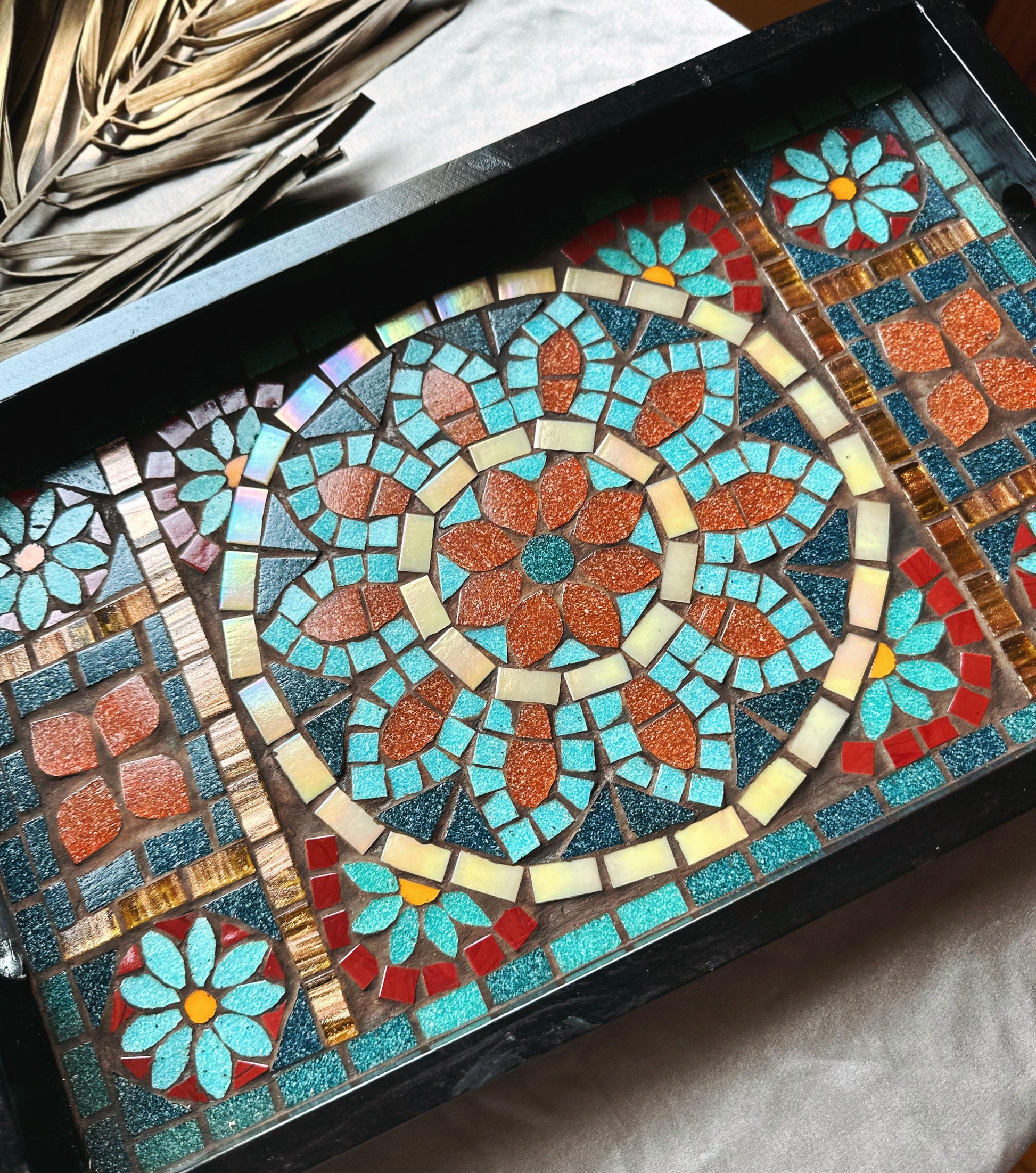 Geometric Mosaic Tray | Handcrafted Andalusia Serving Tray, Moorish Art Home Decor, Mediterranean Tilework Centerpiece | Unique Artisan Gift