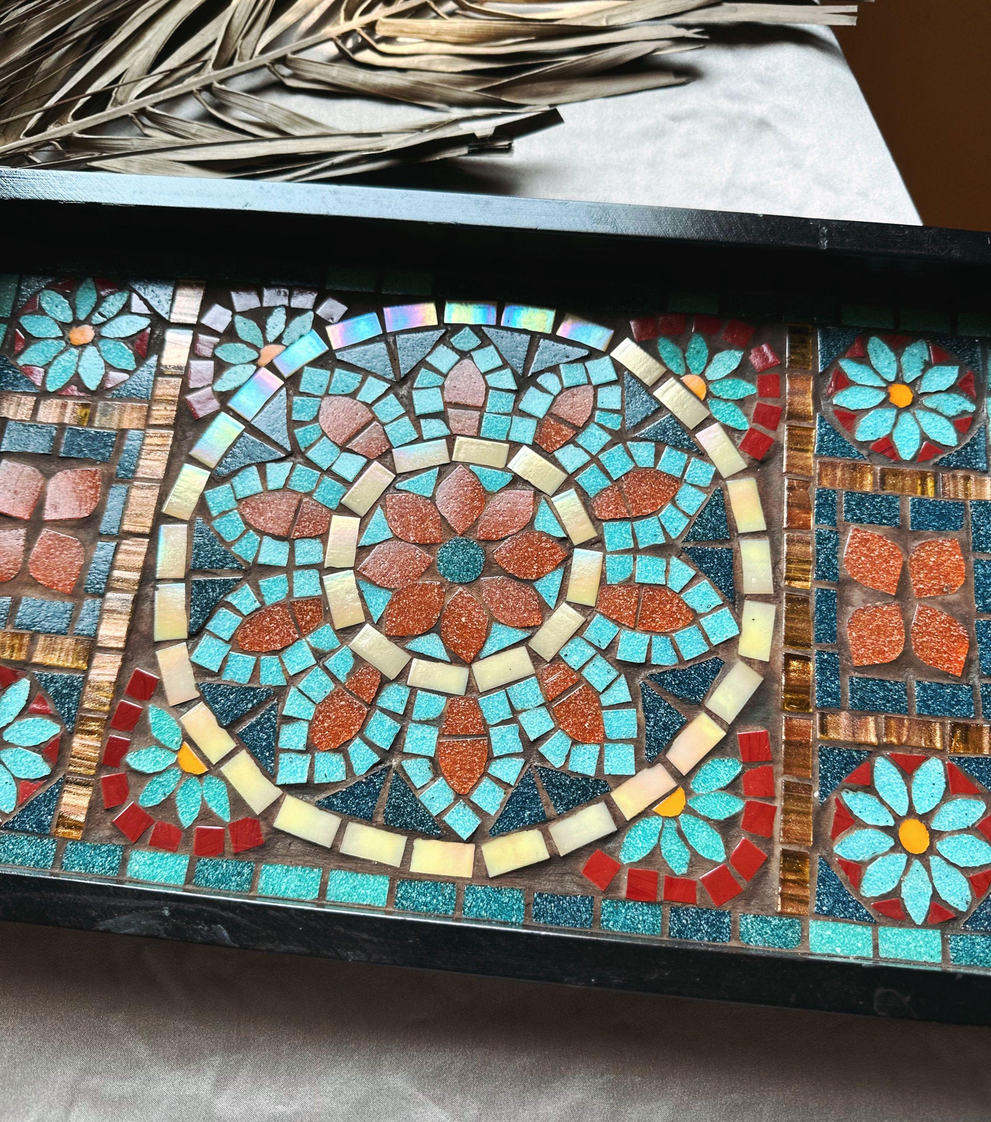 Geometric Mosaic Tray | Handcrafted Andalusia Serving Tray, Moorish Art Home Decor, Mediterranean Tilework Centerpiece | Unique Artisan Gift