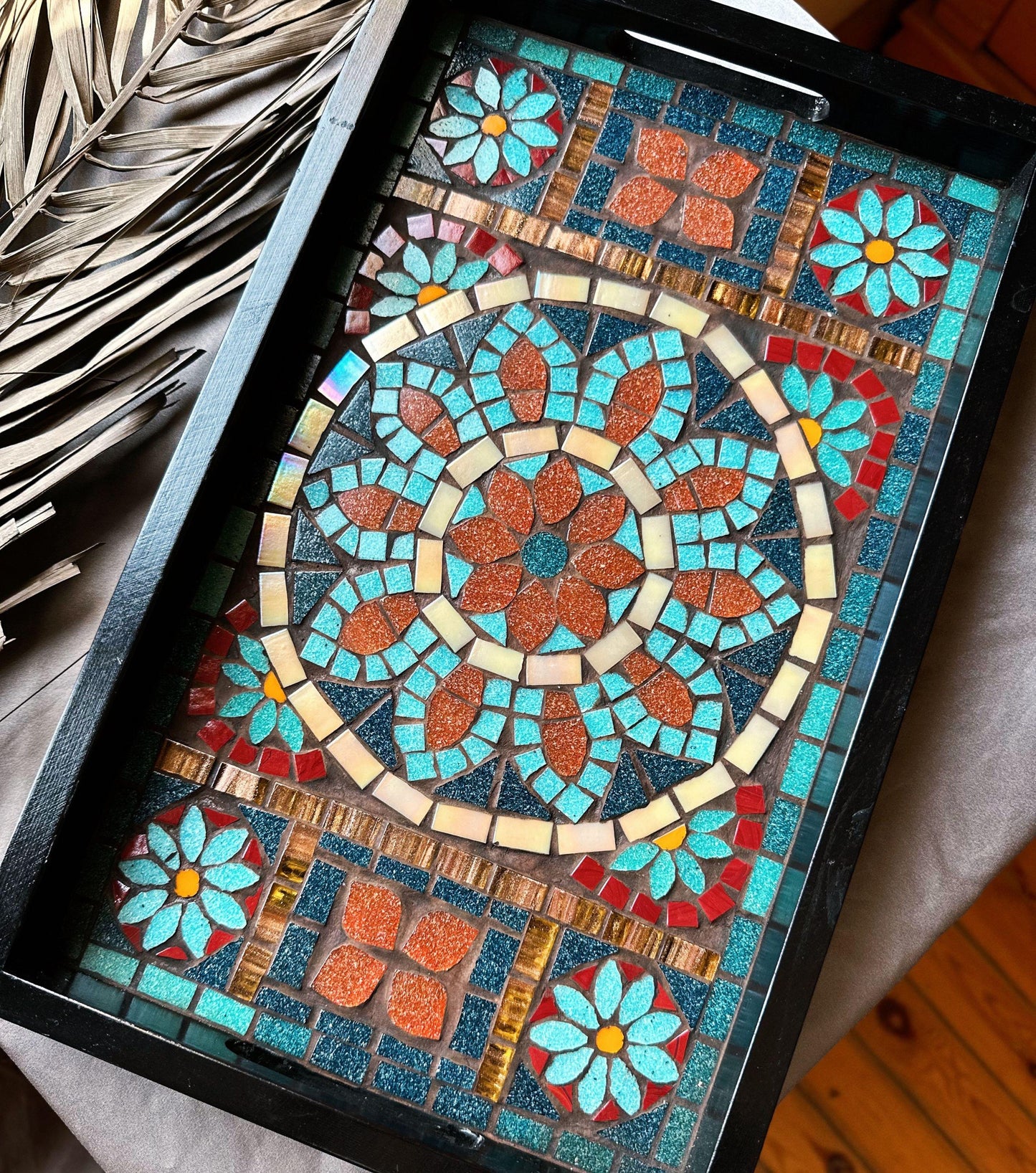 Geometric Mosaic Tray | Handcrafted Andalusia Serving Tray, Moorish Art Home Decor, Mediterranean Tilework Centerpiece | Unique Artisan Gift