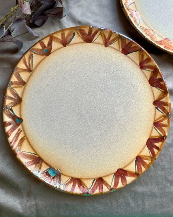 Salad Plate with Metallic Gold and Red | Egyptian/Oriental Motifs | Sets of 2 or More | Yellowish-Beige Glaze | Artisan