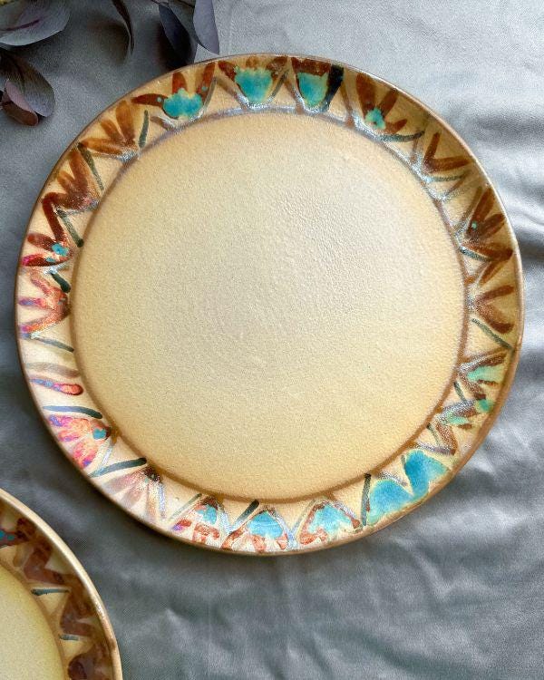 Salad Plate with Metallic Gold and Red | Egyptian/Oriental Motifs | Sets of 2 or More | Yellowish-Beige Glaze | Artisan