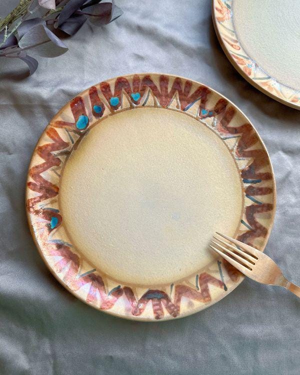 Salad Plate with Metallic Gold and Red | Egyptian/Oriental Motifs | Sets of 2 or More | Yellowish-Beige Glaze | Artisan