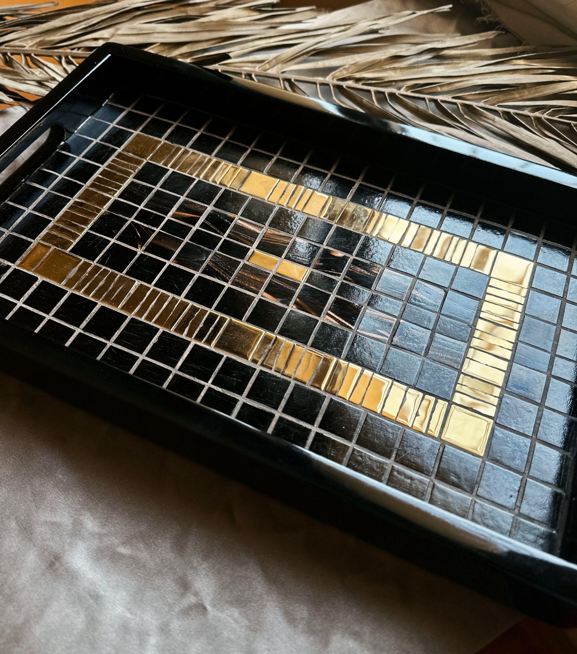 Black & Gold Mosaic Tray | Handcrafted Serving Tray, Modern Art Home Decor, Geometric Tilework Centerpiece | Unique Artisan Gift