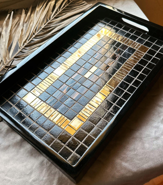 Black & Gold Mosaic Tray | Handcrafted Serving Tray, Modern Art Home Decor, Geometric Tilework Centerpiece | Unique Artisan Gift