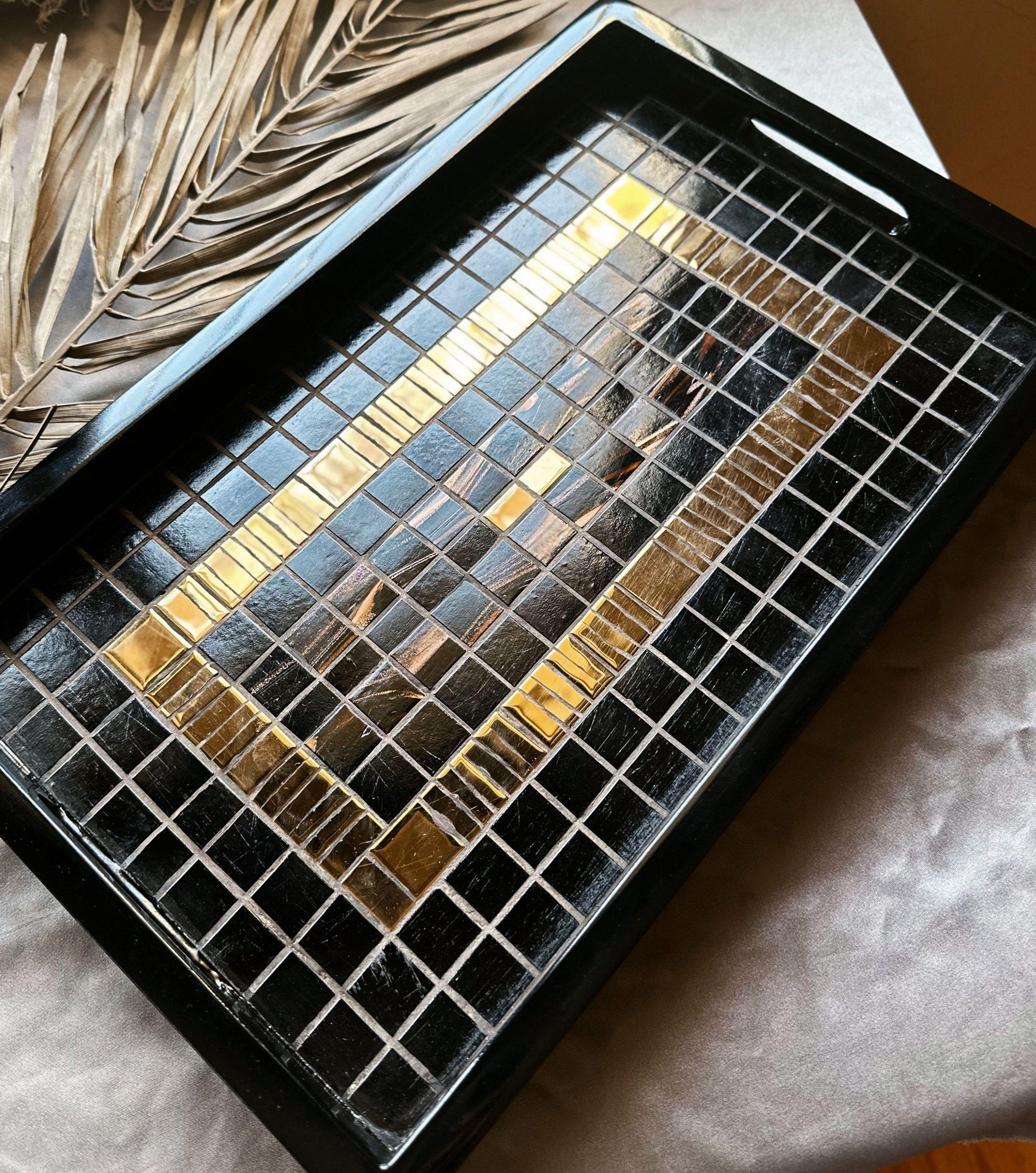 Black & Gold Mosaic Tray | Handcrafted Serving Tray, Modern Art Home Decor, Geometric Tilework Centerpiece | Unique Artisan Gift