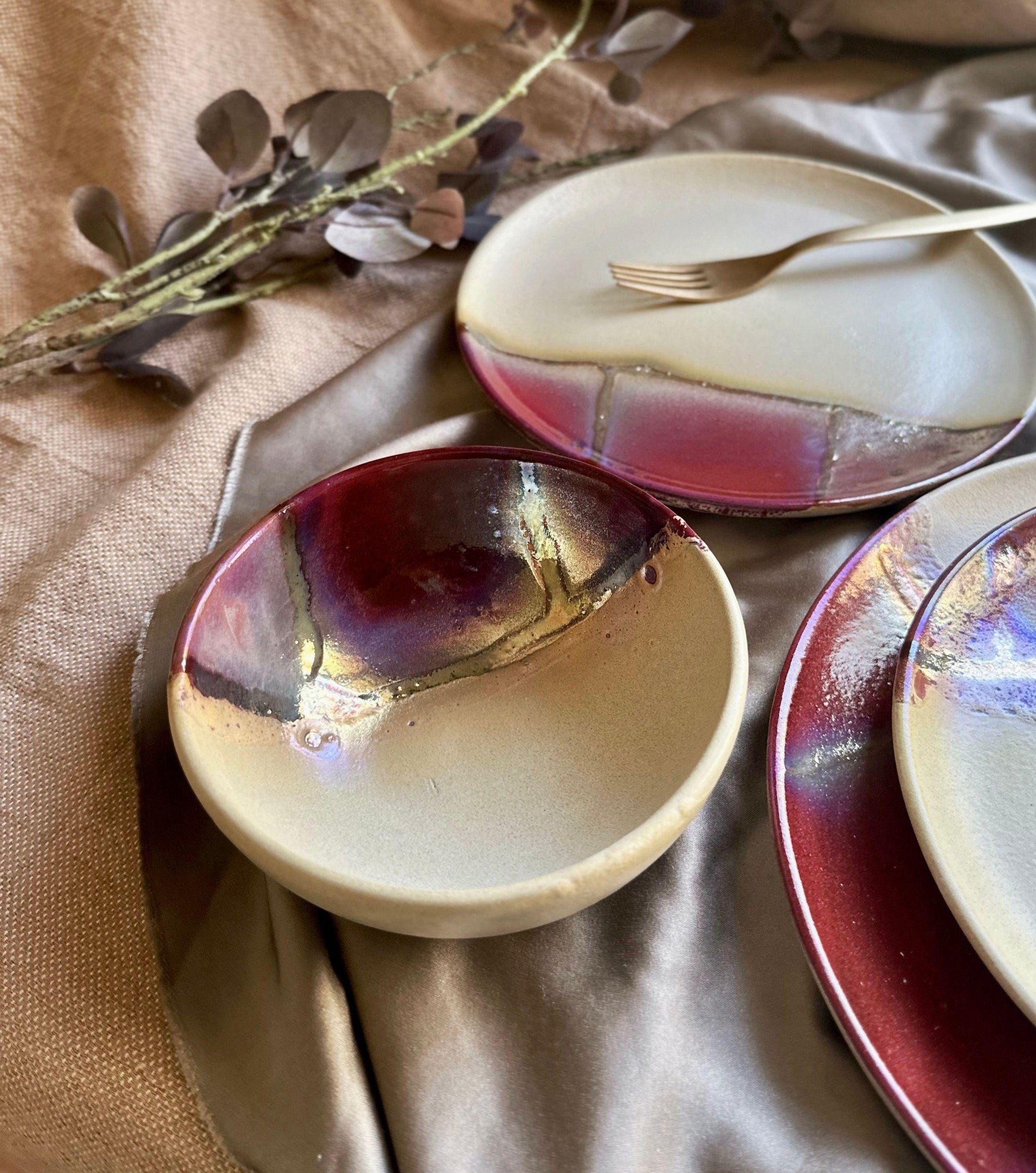 Maroon, Burgundy, Gold & Beige Earthenware Dinner Set | Handcrafted Artisan Plates and Bowls | Microwave,Dishwasher-Safe Ceramic Tableware