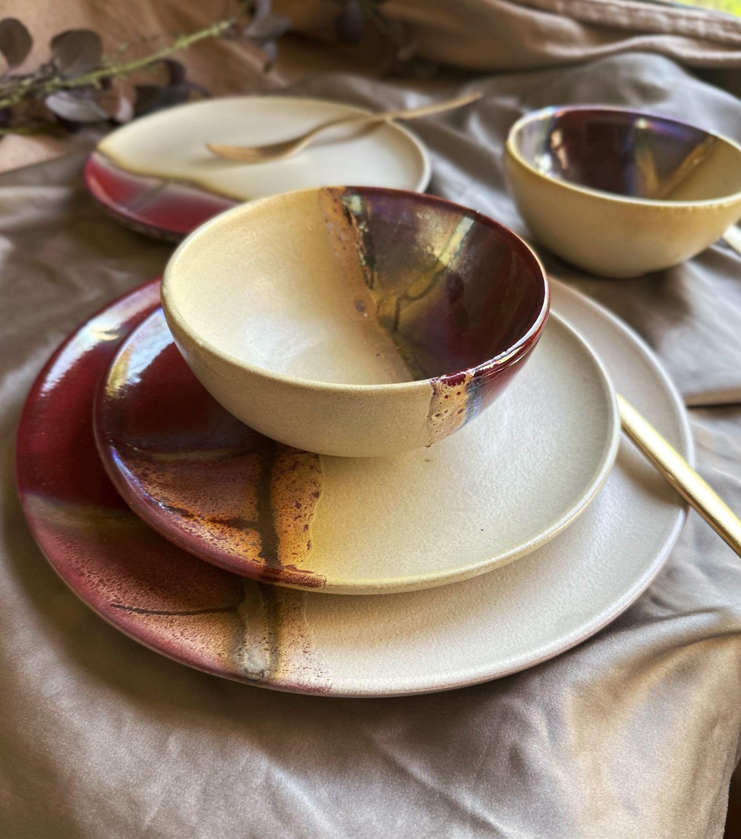 Maroon, Burgundy, Gold & Beige Earthenware Dinner Set | Handcrafted Artisan Plates and Bowls | Microwave,Dishwasher-Safe Ceramic Tableware