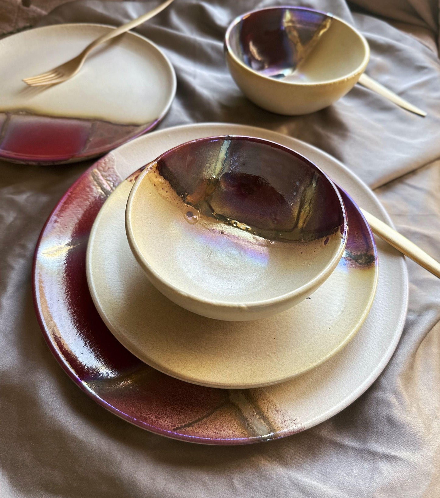 Maroon, Burgundy, Gold & Beige Earthenware Dinner Set | Handcrafted Artisan Plates and Bowls | Microwave,Dishwasher-Safe Ceramic Tableware