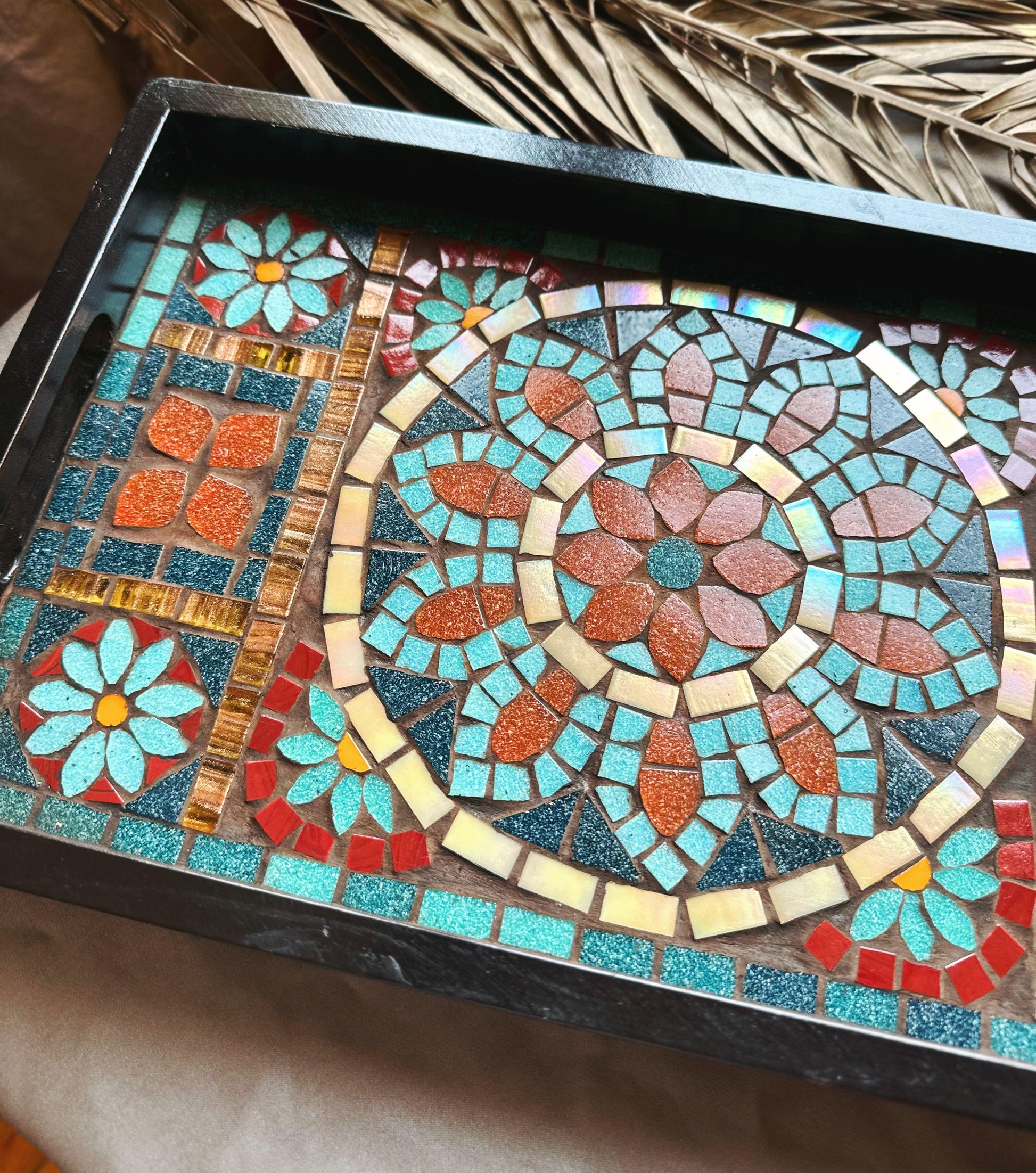 Geometric Mosaic Tray | Handcrafted Andalusia Serving Tray, Moorish Art Home Decor, Mediterranean Tilework Centerpiece | Unique Artisan Gift