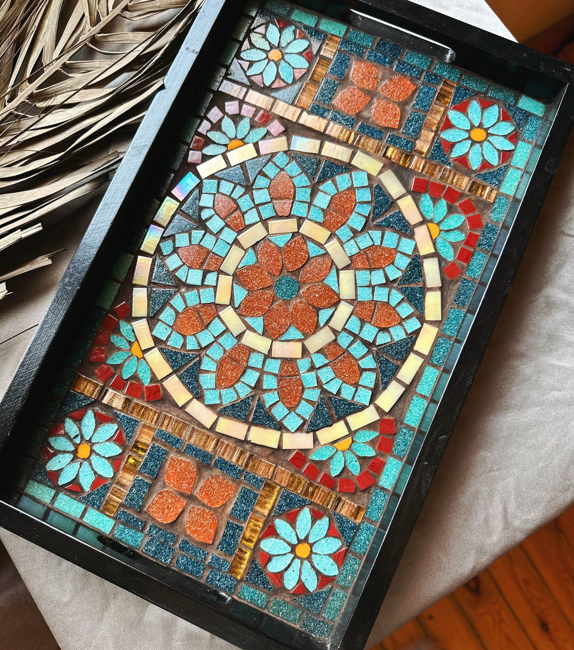 Geometric Mosaic Tray | Handcrafted Andalusia Serving Tray, Moorish Art Home Decor, Mediterranean Tilework Centerpiece | Unique Artisan Gift