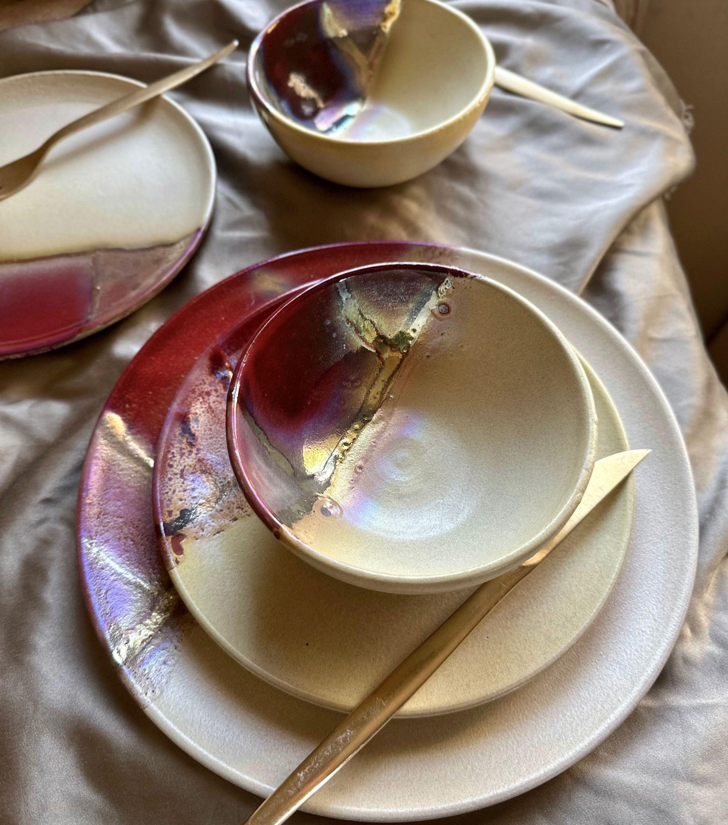 Maroon, Burgundy, Gold & Beige Earthenware Dinner Set | Handcrafted Artisan Plates and Bowls | Microwave,Dishwasher-Safe Ceramic Tableware