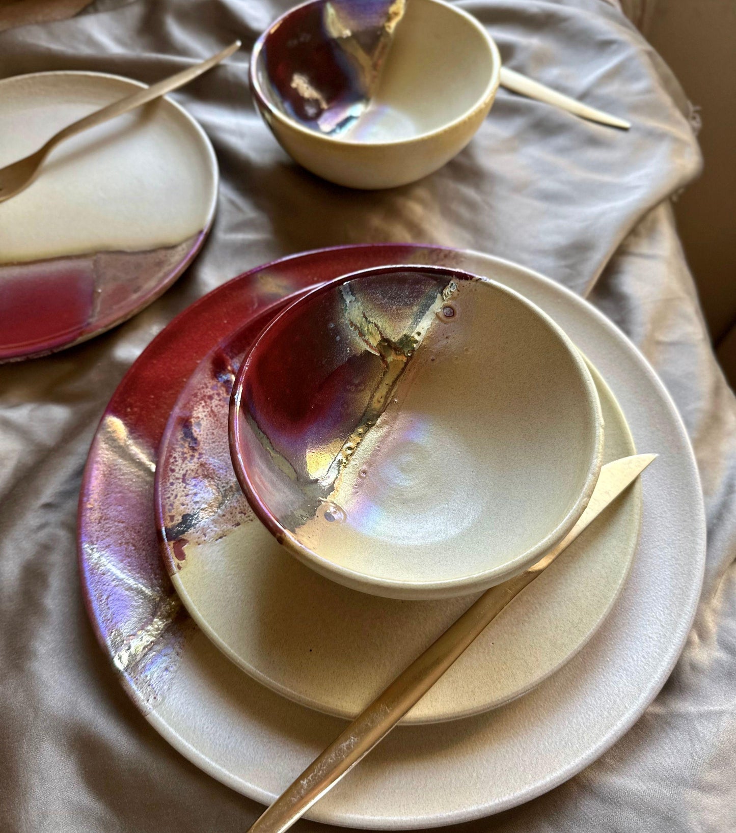 Maroon, Violet, Gold & Beige Earthenware Dinner Plate Set | Handcrafted Artisan | Microwave, Dishwasher-Safe Ceramic Tableware