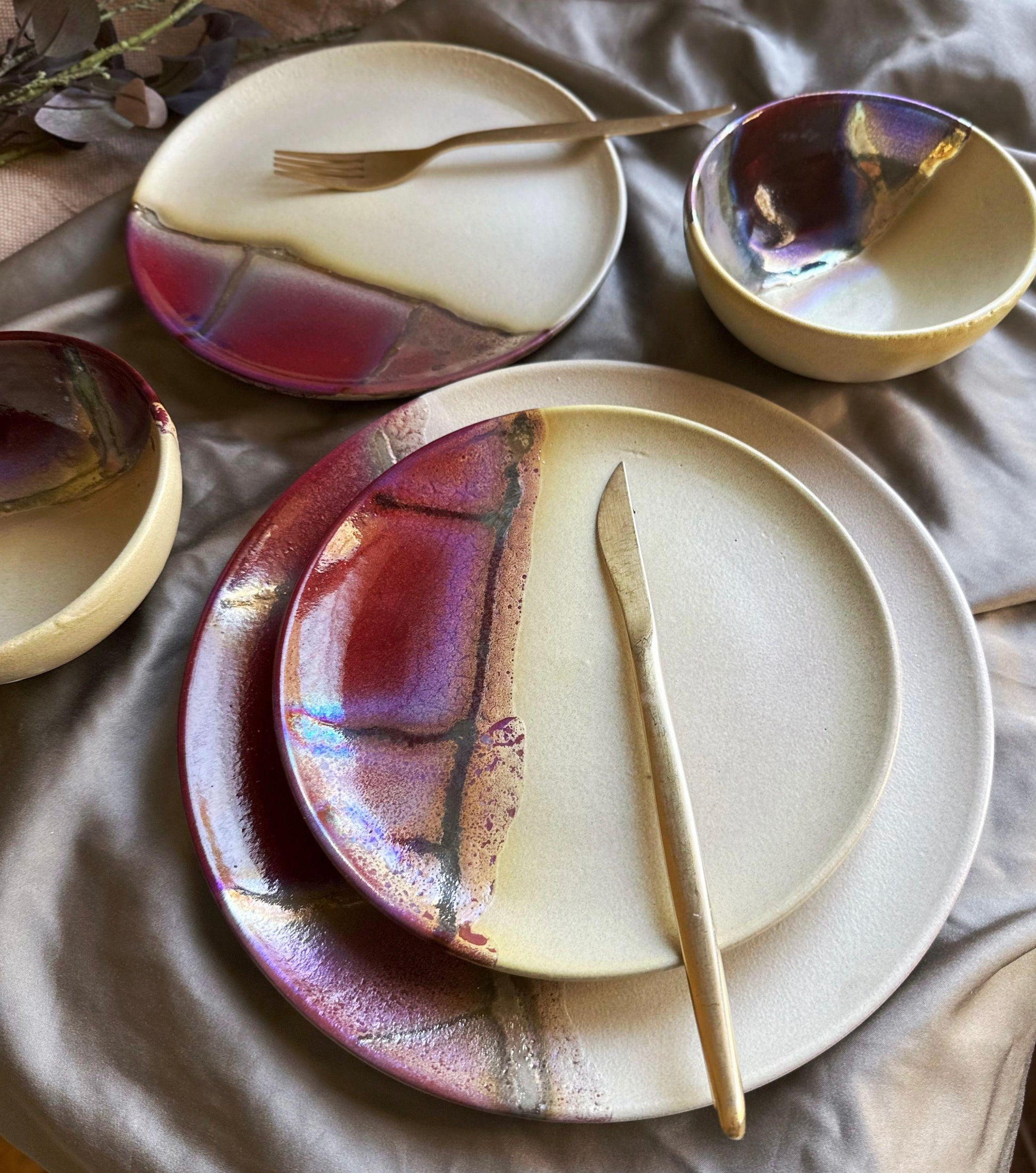 Maroon, Violet, Gold & Beige Earthenware Dinner Plate Set | Handcrafted Artisan | Microwave, Dishwasher-Safe Ceramic Tableware