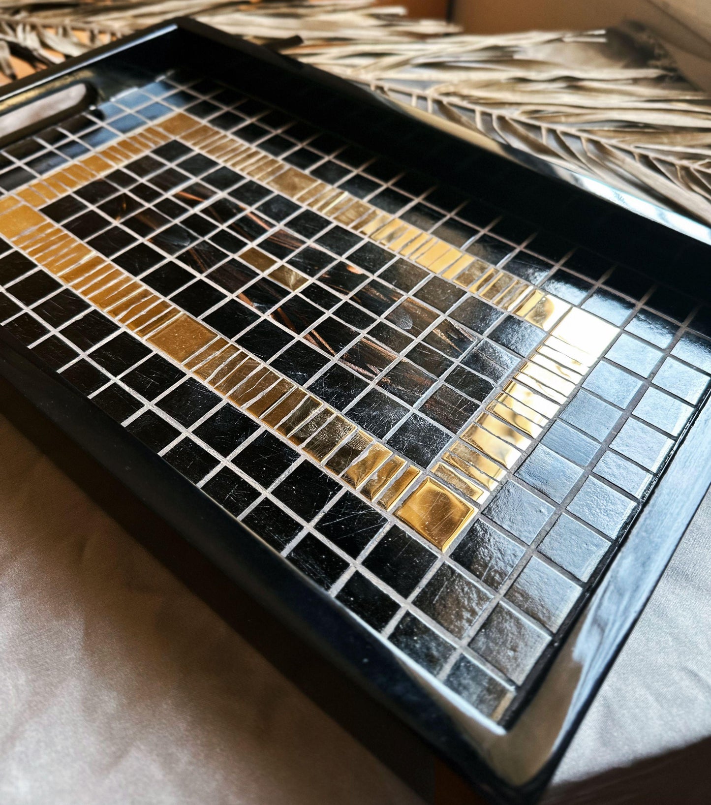 Black & Gold Mosaic Tray | Handcrafted Serving Tray, Modern Art Home Decor, Geometric Tilework Centerpiece | Unique Artisan Gift