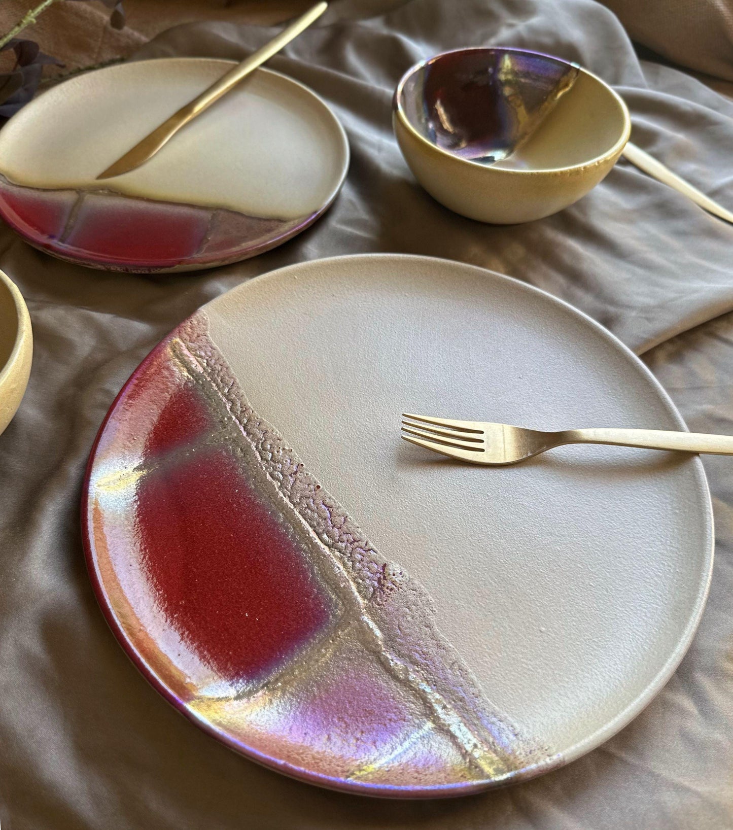 Maroon, Violet, Gold & Beige Earthenware Salad Plate Set | Handcrafted Artisan | Microwave, Dishwasher-Safe Ceramic Tableware