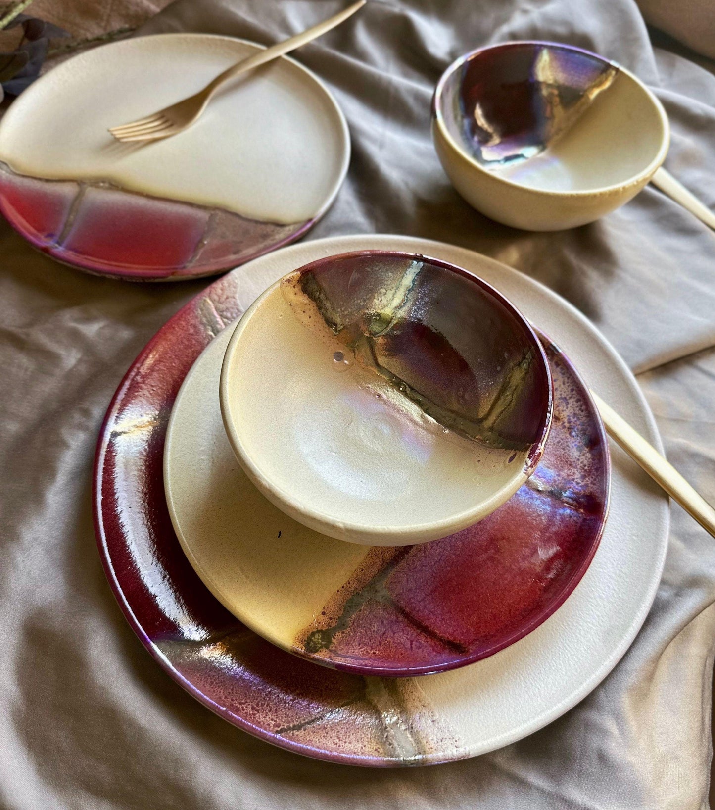 Maroon, Burgundy, Gold & Beige Earthenware Dinner Set | Handcrafted Artisan Plates and Bowls | Microwave,Dishwasher-Safe Ceramic Tableware