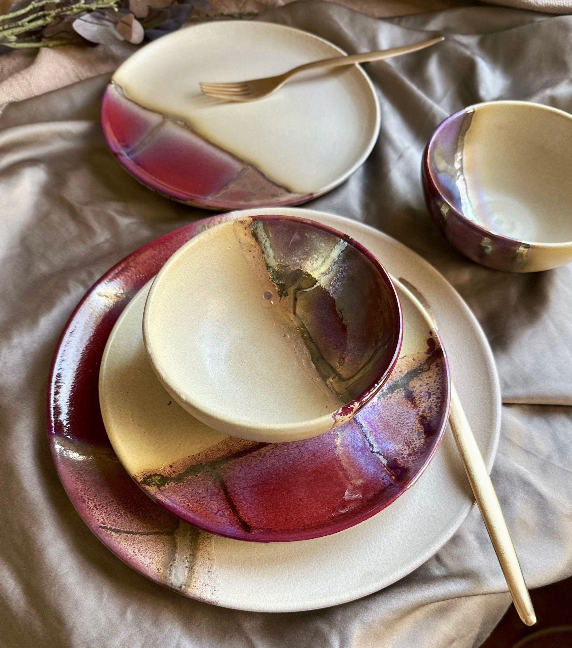 Maroon, Burgundy, Gold & Beige Earthenware Dinner Set | Handcrafted Artisan Plates and Bowls | Microwave,Dishwasher-Safe Ceramic Tableware