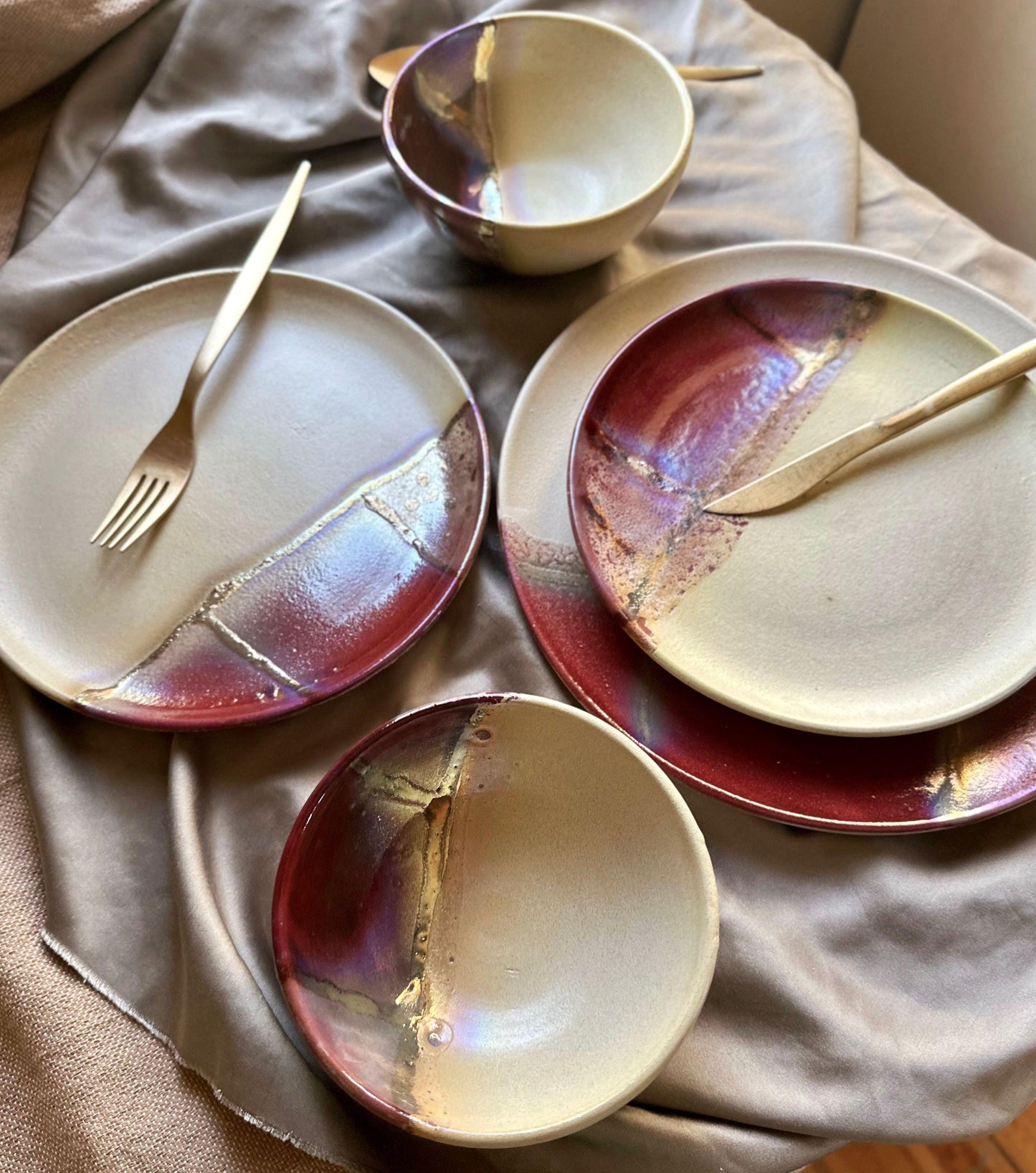 Maroon, Violet, Gold & Beige Earthenware Dinner Plate Set | Handcrafted Artisan | Microwave, Dishwasher-Safe Ceramic Tableware