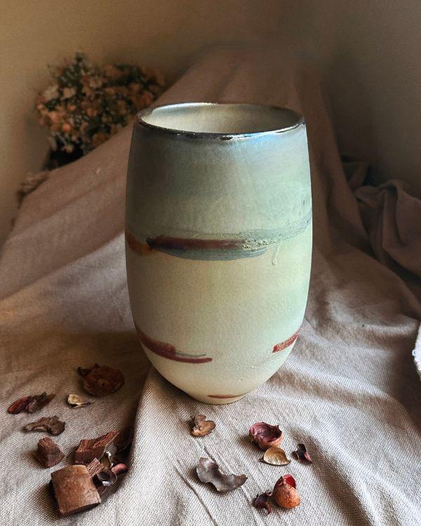 Artistic Ceramic Vase | Faded Rustic Green with Metallic Accents & Rim | Multi-Color Brush Strokes | Handmade Home Decor