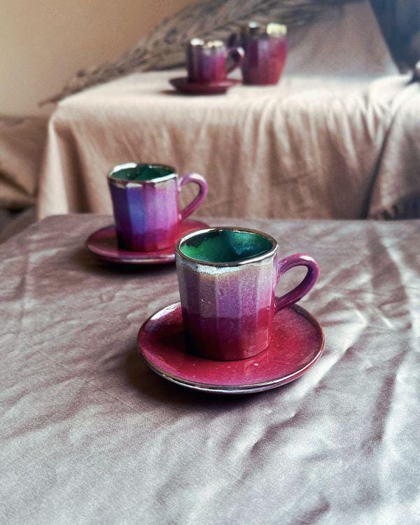 Violet & Crimson Cup and Saucer Set | For Espresso, or Turkish/Arabic Coffee | with Teal/Turquoise Interior | and a Metallic Gold Rim