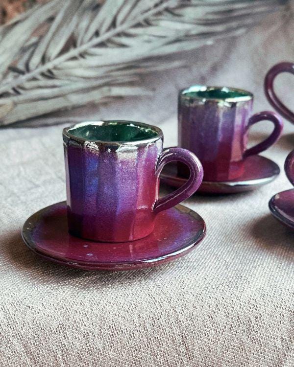 Violet & Crimson Cup and Saucer Set | For Espresso, or Turkish/Arabic Coffee | with Teal/Turquoise Interior | and a Metallic Gold Rim