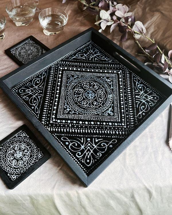 Black & Silver Tray and Coaster Set | Middle Eastern/Arabic Design | in a Wooden Frame | Stencil Paste Relief | Artisanal Home Decor