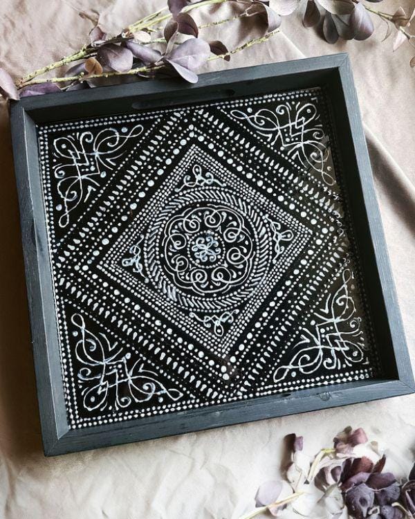 Black & Silver Tray and Coaster Set | Middle Eastern/Arabic Design | in a Wooden Frame | Stencil Paste Relief | Artisanal Home Decor