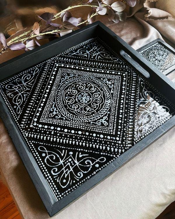 Black & Silver Tray and Coaster Set | Middle Eastern/Arabic Design | in a Wooden Frame | Stencil Paste Relief | Artisanal Home Decor