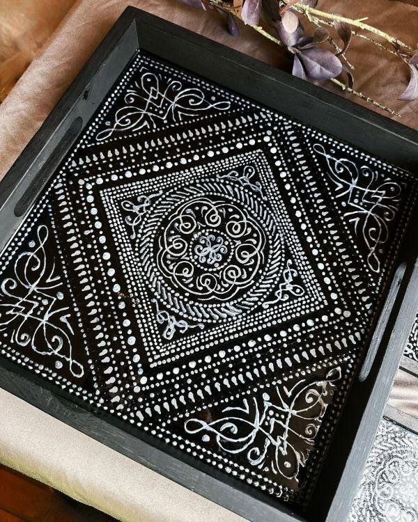 Black & Silver Tray and Coaster Set | Middle Eastern/Arabic Design | in a Wooden Frame | Stencil Paste Relief | Artisanal Home Decor