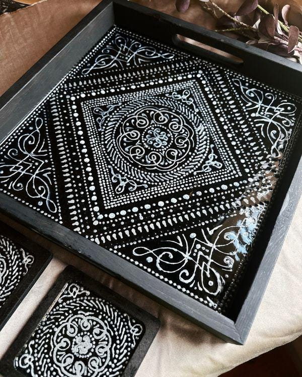 Black & Silver Tray and Coaster Set | Middle Eastern/Arabic Design | in a Wooden Frame | Stencil Paste Relief | Artisanal Home Decor