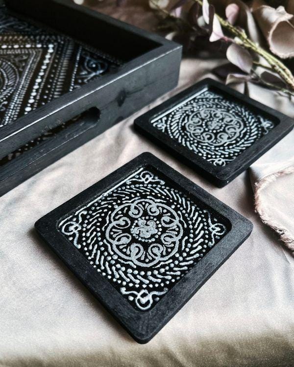 Black & Silver Tray and Coaster Set | Middle Eastern/Arabic Design | in a Wooden Frame | Stencil Paste Relief | Artisanal Home Decor