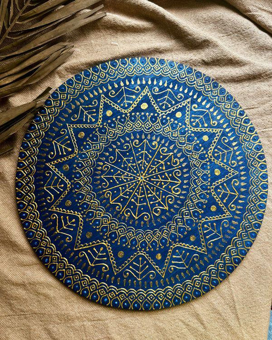 Blue & Gold Decorative Plate | Oriental artistic design | Relief Art with Stencil Paste | Handmade Artisan Home Decor | With Wall Hanger