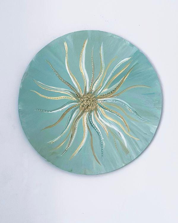 Floral Art Decorative Plate | Aqua Blue, Gold & Off-White | Relief Art with Stencil Paste | Handmade Artisan Home Decor | With Wall Hanger