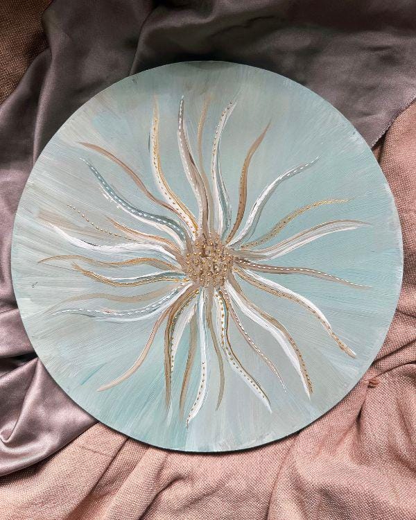 Floral Art Decorative Plate | Aqua Blue, Gold & Off-White | Relief Art with Stencil Paste | Handmade Artisan Home Decor | With Wall Hanger