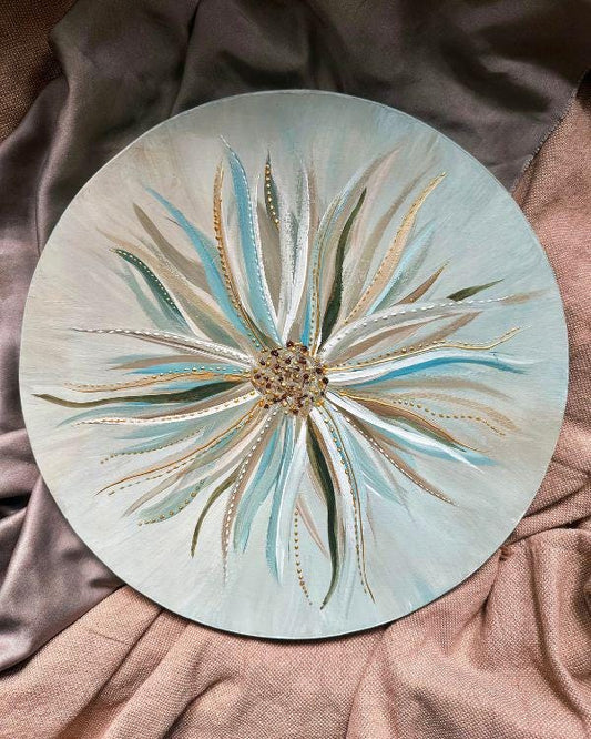 Floral Art Decorative Plate | Aqua Blue, Gold & Off-White | Relief Art with Stencil Paste | Handmade Artisan Home Decor | With Wall Hanger