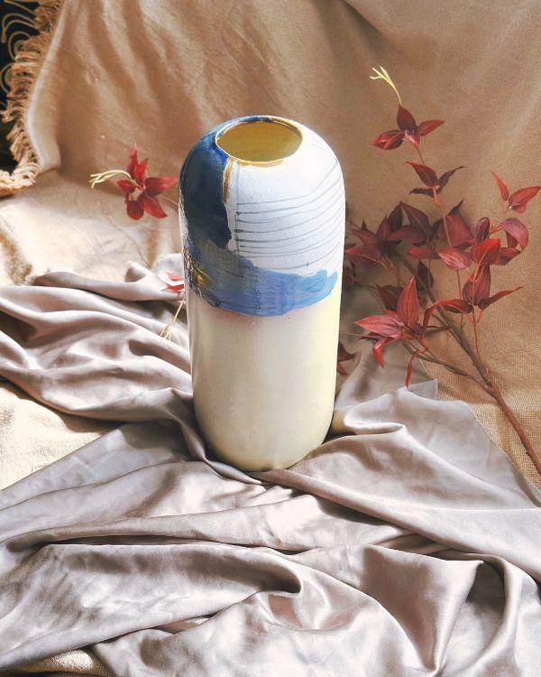 Artisan Vase | Beige with Multi-Color Abstract Art & Brush Strokes | Handmade Home and Garden Decor