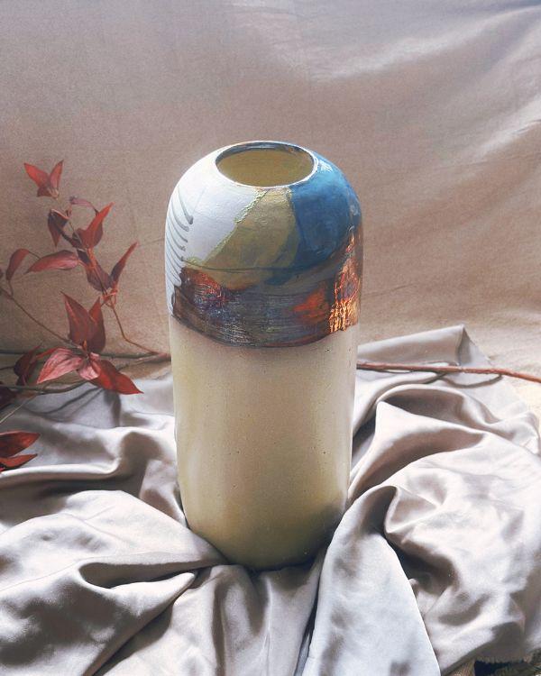 Artisan Vase | Beige with Multi-Color Abstract Art & Brush Strokes | Handmade Home and Garden Decor