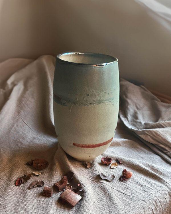 Artistic Ceramic Vase | Faded Rustic Green with Metallic Accents & Rim | Multi-Color Brush Strokes | Handmade Home Decor