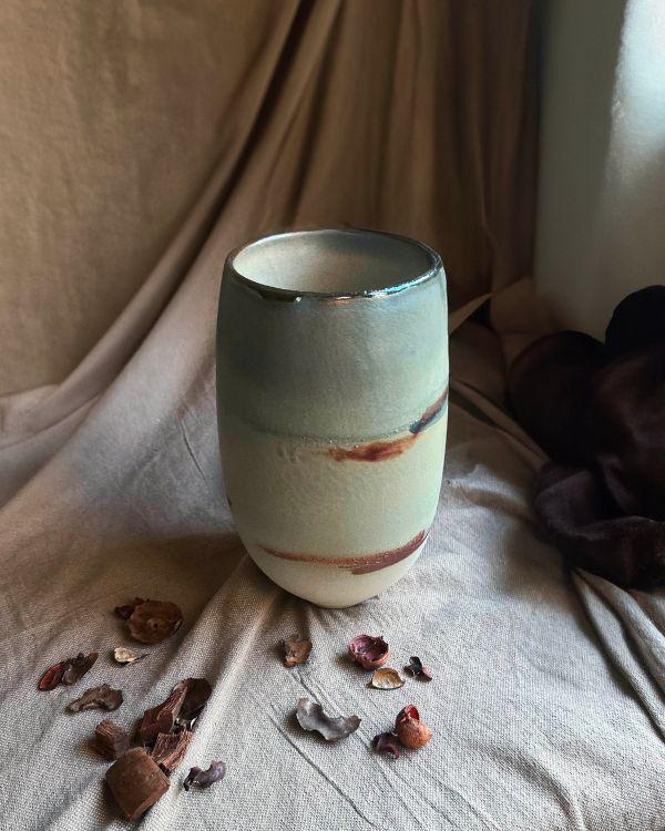 Artistic Ceramic Vase | Faded Rustic Green with Metallic Accents & Rim | Multi-Color Brush Strokes | Handmade Home Decor