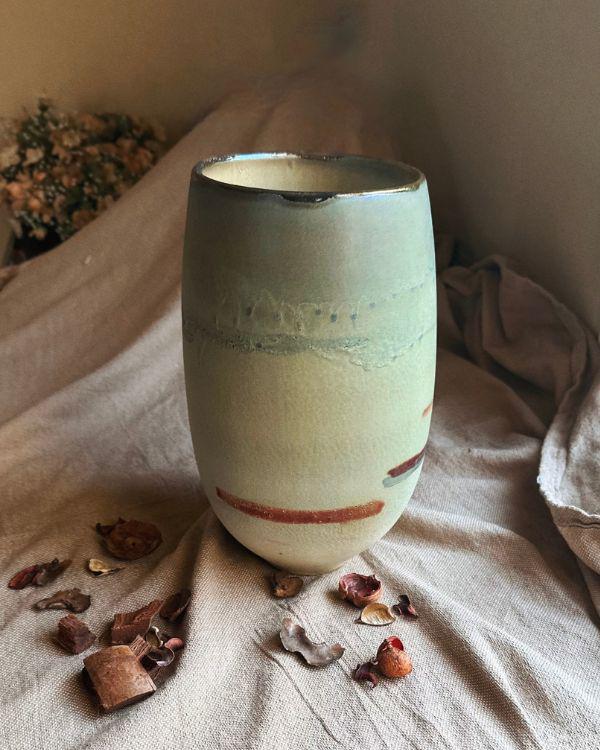 Artistic Ceramic Vase | Faded Rustic Green with Metallic Accents & Rim | Multi-Color Brush Strokes | Handmade Home Decor