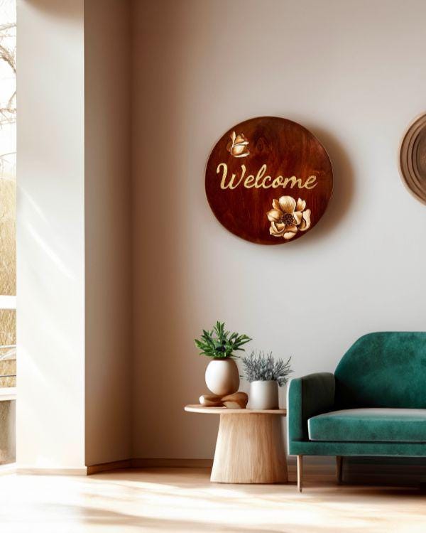 Handcrafted Wooden Welcome Sign Plate with Floral Design – Rustic Home Decor | With Wall Hanger