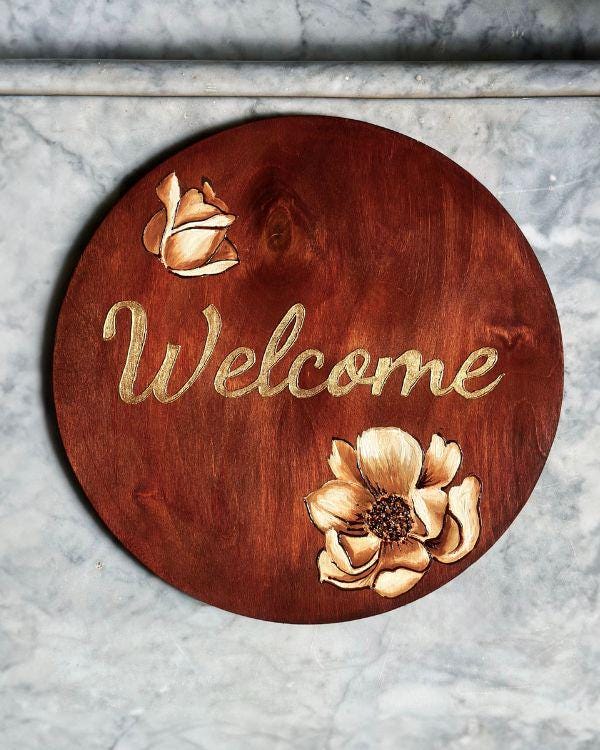 Handcrafted Wooden Welcome Sign Plate with Floral Design – Rustic Home Decor | With Wall Hanger