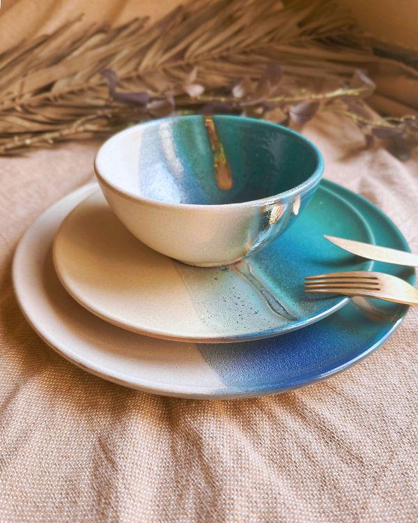 Unique Dinner Set | Ceramic Tableware with Gold Accents, Blue, Turquoise, Teal & Off-white | 3-piece Place Settings | Artisan-made