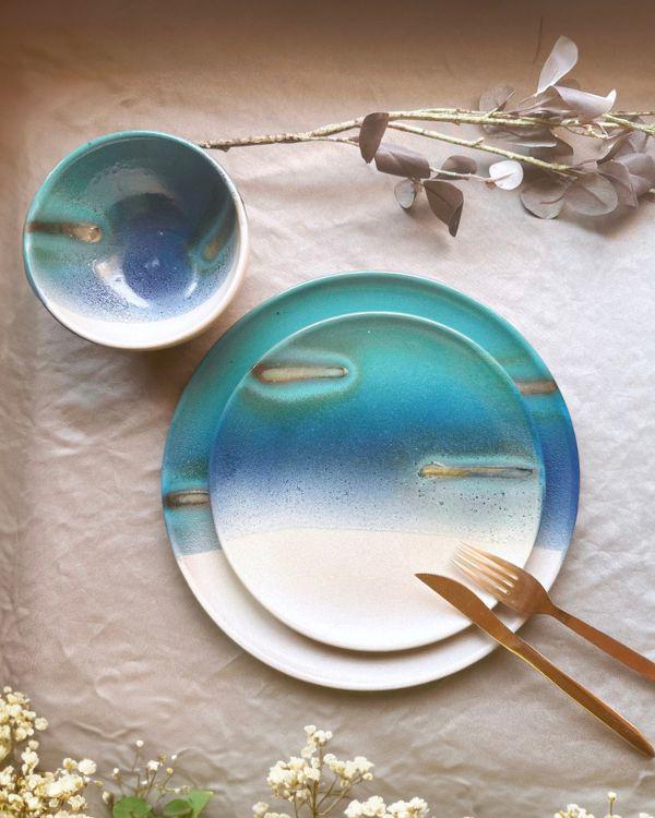 Unique Dinner Set | Ceramic Tableware with Gold Accents, Blue, Turquoise, Teal & Off-white | 3-piece Place Settings | Artisan-made