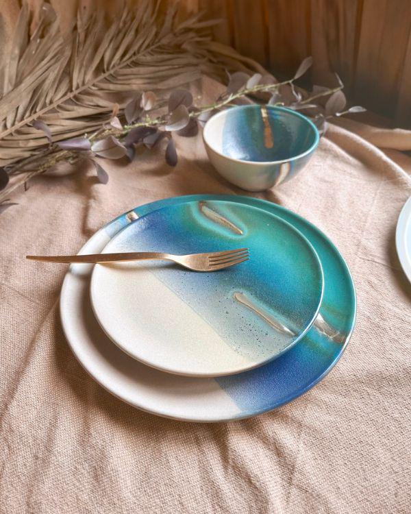 Unique Dinner Set | Ceramic Tableware with Gold Accents, Blue, Turquoise, Teal & Off-white | 3-piece Place Settings | Artisan-made